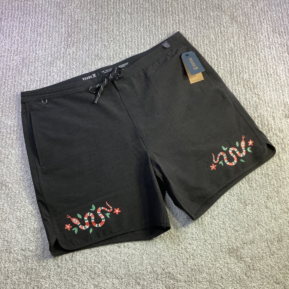 Roark Black Swim Board Shorts with Red & Green Snake Motif